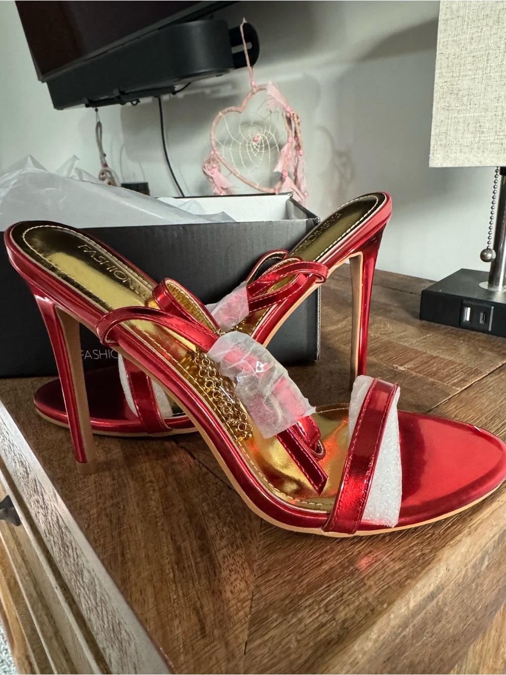 Fashion Nova Metallic Red Strappy Stiletto Heels